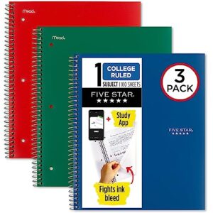 five star spiral notebooks + study app, 3 pack, 1-subject, college ruled paper, 200 sheets, 11" x 8-1/2", forest green, fire red, pacific blue (820189-ecm)