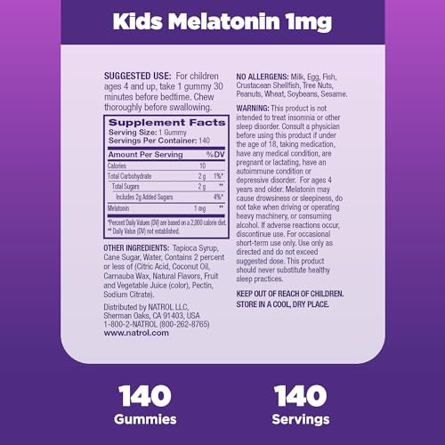 Natrol Kids Melatonin 1mg, Dietary Supplement for Restful Sleep, 140 Berry-Flavored Gummies, 140 Day Supply