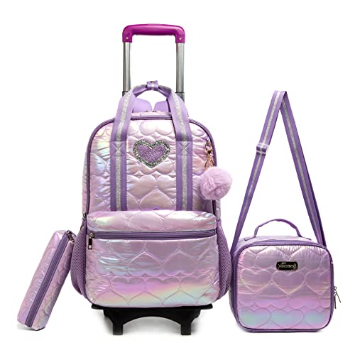 Meetbelify Love Rolling Backpack for Teen Girls Backpacks with Wheels for Elementary Students with Lunch Box for Big Kids