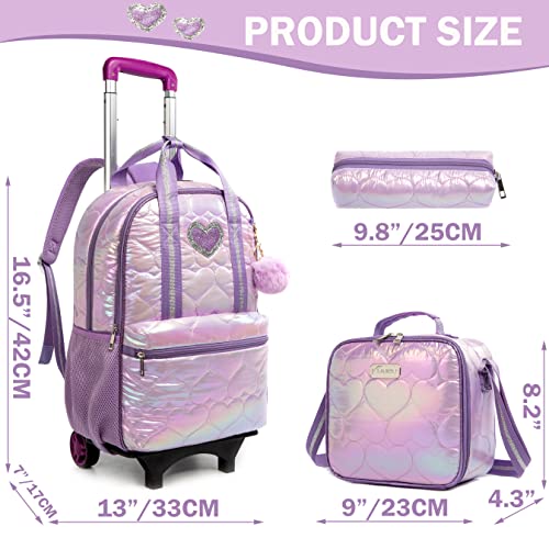 Meetbelify Love Rolling Backpack for Teen Girls Backpacks with Wheels for Elementary Students with Lunch Box for Big Kids