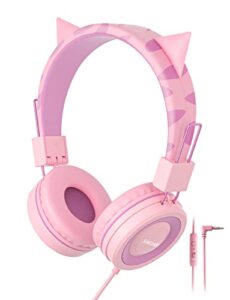 simjar cat ear kids headphones with microphone for school, volume limiter 85/94db, wired girls headphones with foldable design for online learning/travel/tablet/ipad (pink)