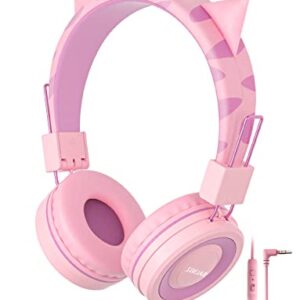 SIMJAR Cat Ear Kids Headphones with Microphone for School, Volume Limiter 85/94dB, Wired Girls Headphones with Foldable Design for Online Learning/Travel/Tablet/iPad (Pink)