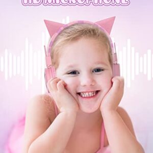 SIMJAR Cat Ear Kids Headphones with Microphone for School, Volume Limiter 85/94dB, Wired Girls Headphones with Foldable Design for Online Learning/Travel/Tablet/iPad (Pink)