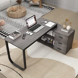 homsee home office computer desk corner desk with 3 drawers and 2 shelves, 55 inch large l-shaped study writing table with storage cabinet - dark gray & black