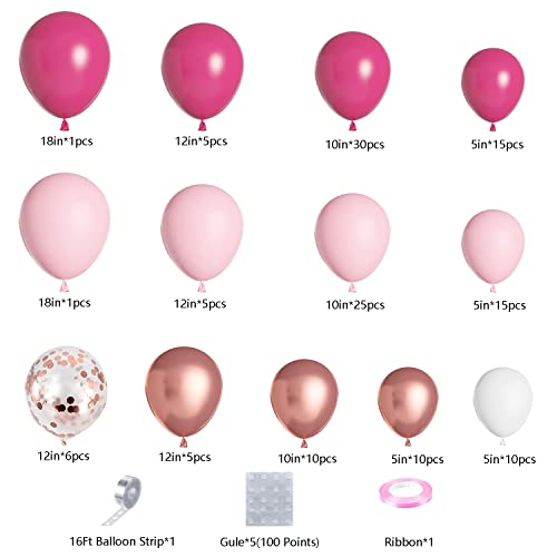 DBKL 138pcs Pink Balloon Garland Arch Kit with Different Size Hot Pink White Metallic Rose Gold Confetti Balloons for Birthday Princess Theme Baby Shower Wedding Valentine's Party Decorations