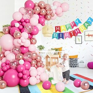 DBKL 138pcs Pink Balloon Garland Arch Kit with Different Size Hot Pink White Metallic Rose Gold Confetti Balloons for Birthday Princess Theme Baby Shower Wedding Valentine's Party Decorations