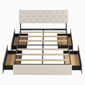 Mixoy Bed Frame with 4 Storage Drawers and Headboard,Cal King Size Upholstered Bed Frame with Curved Button Tufted,Rhombic Stitched,No Box Spring Needed/Easy Assembly/No Mattress(Cal King,Beige)