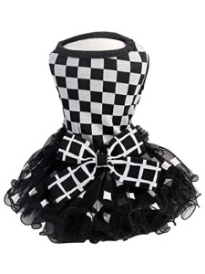 qwinee checkerboard print bow decor pet dress cat dog mesh princess dress cute puppy dresses pet party birthday costume for small medium large girl cats dogs kitten black and white medium