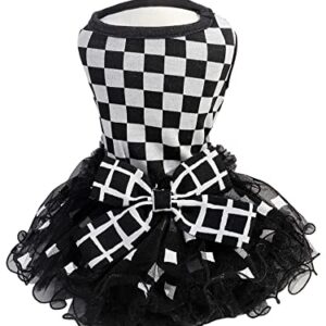 QWINEE Checkerboard Print Bow Decor Pet Dress Cat Dog Mesh Princess Dress Cute Puppy Dresses Pet Party Birthday Costume for Small Medium Large Girl Cats Dogs Kitten Black and White Medium