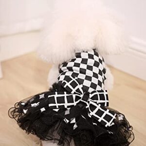 QWINEE Checkerboard Print Bow Decor Pet Dress Cat Dog Mesh Princess Dress Cute Puppy Dresses Pet Party Birthday Costume for Small Medium Large Girl Cats Dogs Kitten Black and White Medium