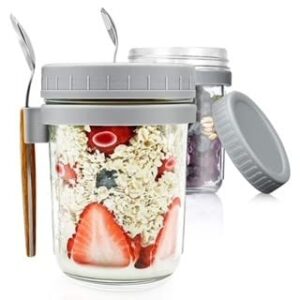 overnight oats mason jar with lid and spoon| 10 oz| multi purpose| airtight seal container with measurement marks (gray)