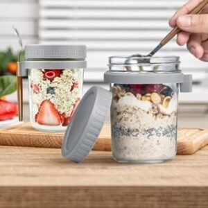 Overnight Oats Mason Jar with Lid and Spoon| 10 OZ| Multi Purpose| Airtight Seal Container with Measurement Marks (Gray)