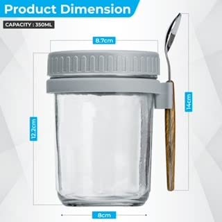 Overnight Oats Mason Jar with Lid and Spoon| 10 OZ| Multi Purpose| Airtight Seal Container with Measurement Marks (Gray)