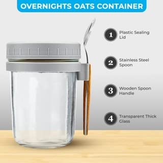 Overnight Oats Mason Jar with Lid and Spoon| 10 OZ| Multi Purpose| Airtight Seal Container with Measurement Marks (Gray)