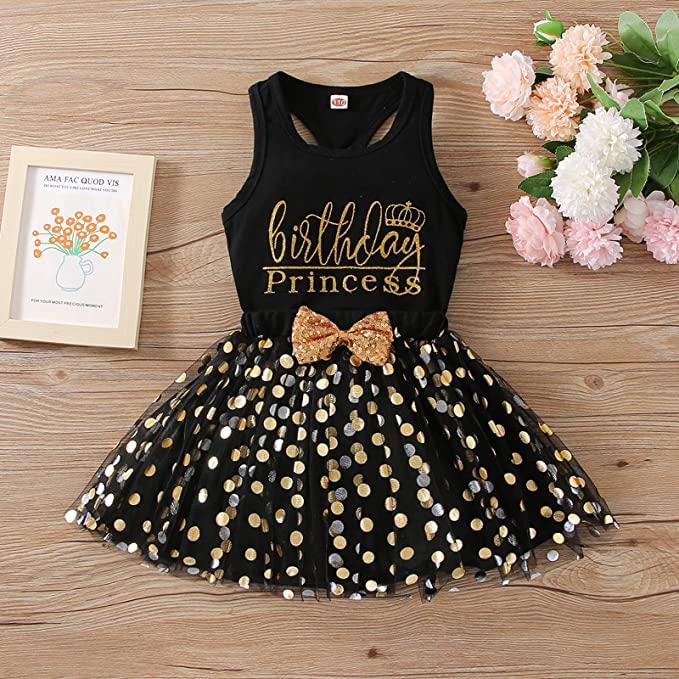 Toddler Kids Baby Girls Birthday Princess Outfits Dress Vest Sleeveless Shirt Tank Top Dot Mesh Tutu Skirt 2PCS Summer Skirt Set with Crown