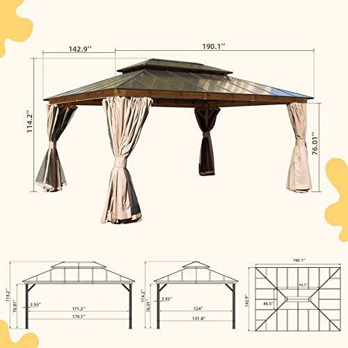 Domi 12' X 16' Hardtop Gazebo, Permanent Outdoor Gazebo with Polycarbonate Double Roof, Aluminum Gazebo Pavilion with Curtain and Net for Garden, Patio, Lawns, Deck, Backyard, Wood Looking