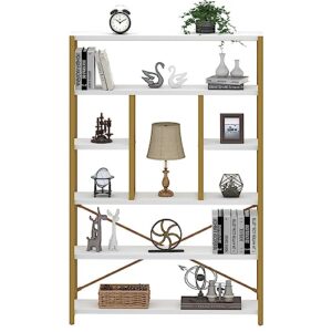 LVB Gold Book Shelf Organizer, Large Tall 6 Tier Bookshelves Storage, Big Modern Metal Wooden 6 Shelf Bookcase, Farmhouse Open Display Vertical Bookshelf for Bedroom Living Room Office, White and Gold