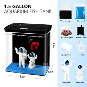 FREESEA Aquarium Betta Fish Tank: 1.5 Gallon Small Fish Starter Kit with Filter and Light for Home | Office | Desktop