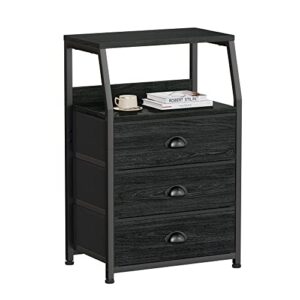 furnulem black dresser for bedroom, small nightstand with 3 fabric storage drawers and 2-tier shelf, end table side furniture for closet, hallway, nursery, sturdy steel frame, wood top (black oak)