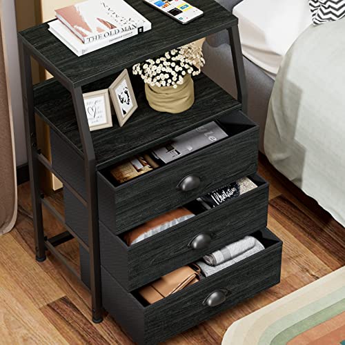 Furnulem Black Dresser for Bedroom, Small Nightstand with 3 Fabric Storage Drawers and 2-Tier Shelf, End Table Side Furniture for Closet, Hallway, Nursery, Sturdy Steel Frame, Wood Top (Black Oak)