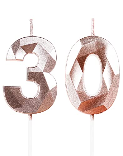 30th Birthday Candles,Number 30 Candles,Rose Gold Happy Birthday Candle for Cake,3D Design Cake Topper Decorations for Women Men Pet Birthday Party Wedding Anniversary Celebration Supplies