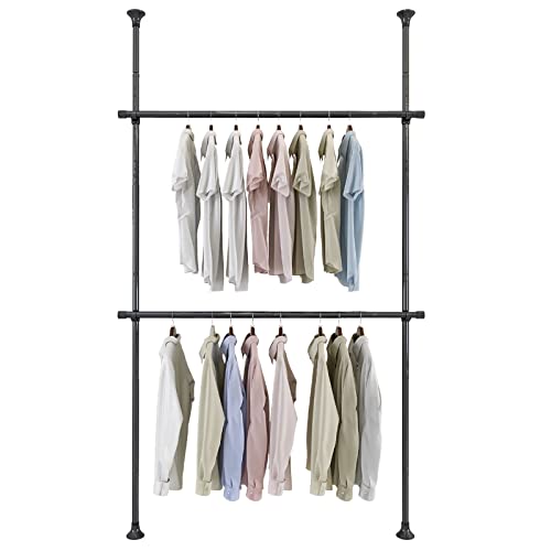 YeYeBest Clothes Rack, 2 Tier Closet Organizers And Storage Free Standing Closet Ceiling Link Floor Hanger for Hanging Clothes Adjustable Floor to Ceiling for Bedroom Laundry Room Black