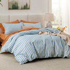 Bedsure Duvet Cover Queen Size - 100% Cotton Reversible Morandi Color Striped Cover Set with Zipper, Soft & Breathable Bedding Set, (3 Pieces, 1 Duvet Cover 90"x90" and 2 Pillow Shams 20"x26")