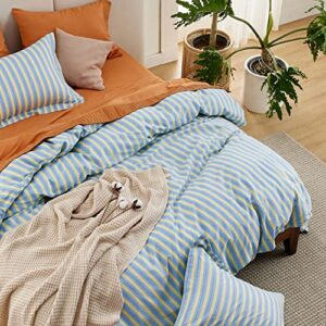 Bedsure Duvet Cover Queen Size - 100% Cotton Reversible Morandi Color Striped Cover Set with Zipper, Soft & Breathable Bedding Set, (3 Pieces, 1 Duvet Cover 90"x90" and 2 Pillow Shams 20"x26")