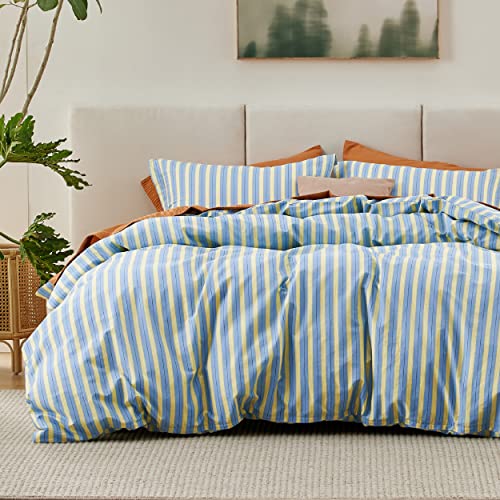 Bedsure Duvet Cover Queen Size - 100% Cotton Reversible Morandi Color Striped Cover Set with Zipper, Soft & Breathable Bedding Set, (3 Pieces, 1 Duvet Cover 90"x90" and 2 Pillow Shams 20"x26")