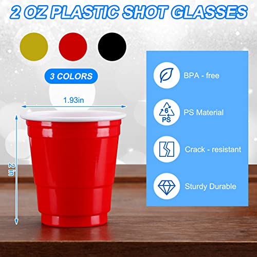 Pinkunn 600 Pcs 2 oz Plastic Shot Glasses Red Black Gold Shot Cups Disposable Plastic Cups Mini Party Cups Tasting Sample Cups for BBQ Picnic Camping Wedding Birthday Christmas Drinking Serving Snack