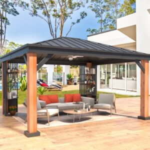 erommy 12' x 14' hardtop gazebo, galvanized steel top with wood grain aluminum frame, permanent metal pavilion with three-layer storage shelves for patio, backyard, deck and lawns