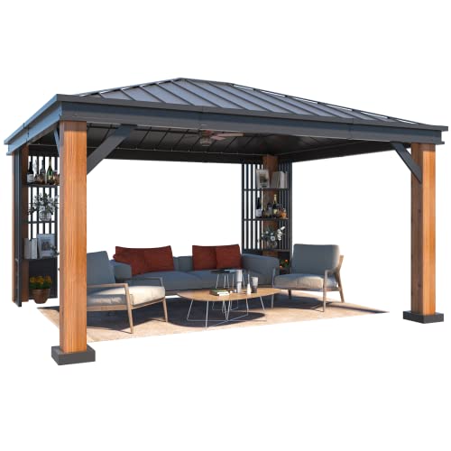 EROMMY 12' X 14' Hardtop Gazebo, Galvanized Steel Top with Wood Grain Aluminum Frame, Permanent Metal Pavilion with Three-Layer Storage Shelves for Patio, Backyard, Deck and Lawns