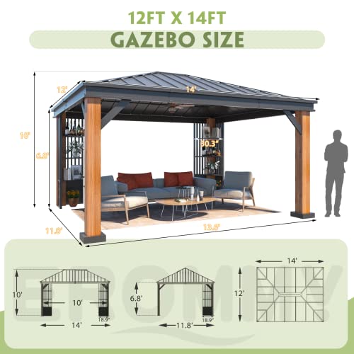 EROMMY 12' X 14' Hardtop Gazebo, Galvanized Steel Top with Wood Grain Aluminum Frame, Permanent Metal Pavilion with Three-Layer Storage Shelves for Patio, Backyard, Deck and Lawns