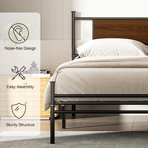 HAOARA Queen Size Bed Frame with Rustic Wood Headboard, Metal Heavy Duty Platform Frame, Sturdy Steel Slat Support, No Box Spring Needed, Black