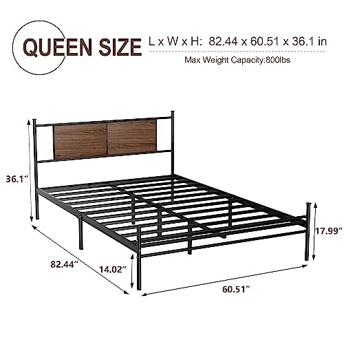 HAOARA Queen Size Bed Frame with Rustic Wood Headboard, Metal Heavy Duty Platform Frame, Sturdy Steel Slat Support, No Box Spring Needed, Black