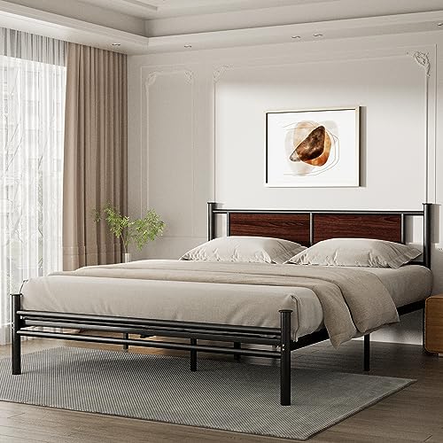 HAOARA Queen Size Bed Frame with Rustic Wood Headboard, Metal Heavy Duty Platform Frame, Sturdy Steel Slat Support, No Box Spring Needed, Black