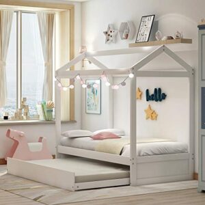 lostcat twin size house bed with trundle, solid pine wood bed frame and roof design, can be decorated, for kids, girls and boys, no box spring need, easy to assemble, white