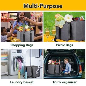 XPCARE 6Pack Reusable Grocery Bags - Heavy Duty Reusable Shopping Bags with Box Shape to Stand Up, Stay Open, Fold Flat - Foldable Grocery Tote Bag with Long Handles & Reinforced Bottom Grey