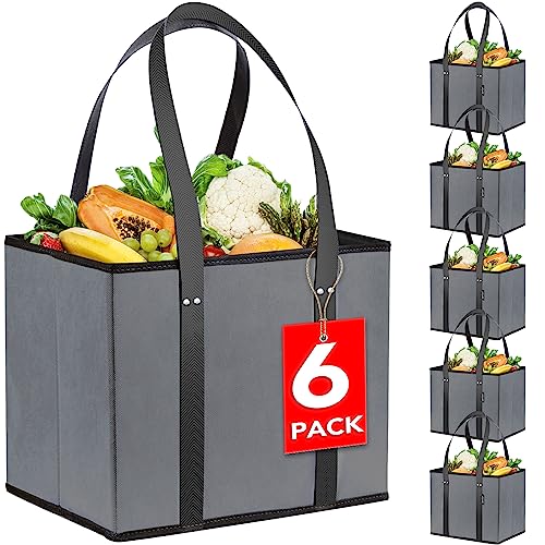 XPCARE 6Pack Reusable Grocery Bags - Heavy Duty Reusable Shopping Bags with Box Shape to Stand Up, Stay Open, Fold Flat - Foldable Grocery Tote Bag with Long Handles & Reinforced Bottom Grey