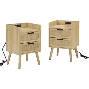 duitrc nightstand, end table, side table with charging station & 2 hand made rattan decorated drawers, nightstands set of 2, wood accent table with solid wood feet, with open storage, natural, 2 pack