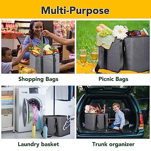 XPCARE 4Pack Reusable Grocery Bags - Heavy Duty Reusable Shopping Bags with Box Shape to Stand Up, Stay Open, Fold Flat - Foldable Grocery Tote Bag with Long Handles & Reinforced Bottom Grey