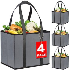 xpcare 4pack reusable grocery bags - heavy duty reusable shopping bags with box shape to stand up, stay open, fold flat - foldable grocery tote bag with long handles & reinforced bottom grey