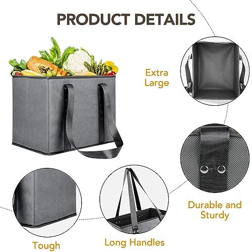 XPCARE 4Pack Reusable Grocery Bags - Heavy Duty Reusable Shopping Bags with Box Shape to Stand Up, Stay Open, Fold Flat - Foldable Grocery Tote Bag with Long Handles & Reinforced Bottom Grey