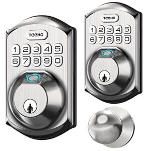 fingerprint door lock set - teeho keyless entry door lock with handle - door knob with keypad deadbolt - smart locks for front door - auto lock - no need app - easy installation - satin nickel