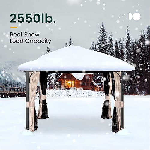 10' x 12' Gazebo, Outdoor Double Roof Canopy Hardtop Gazebo with Durable Metal Frame, Galvanized Steel Top Gazebo with Ventilation, Curtain and Netting, for Patio, Backyard, Deck and Lawns