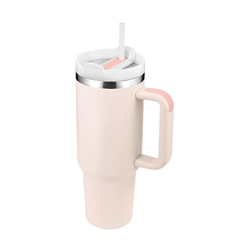 Bileeko 40 oz Tumbler with Handle and Straw Lid, Reusable Insulated Stainless Steel Water Bottle Coffee Mug Travel Cup, Dishwasher Safe, Maintains Cold, Heat and Ice for Hours(Rose Quartz)