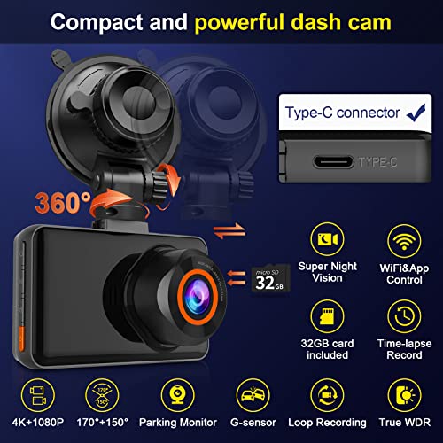 4K/2.5K WiFi Dash Cam Front and Rear with 64GB Sd Card,KQQ 3.5" Small Dash Camera for Cars Dual DashCamera para Carro Driving Recorder,60HZ,App Control,WDR NightVision,WideAngle,Park Monitor,G-Sensor