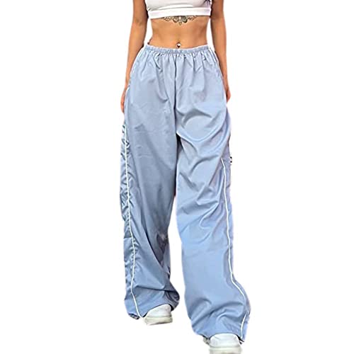 Xeyine Women's Y2K Baggy Wide Leg Parachute Pants Street Sports Style Cargo Workwear (Blue-L)