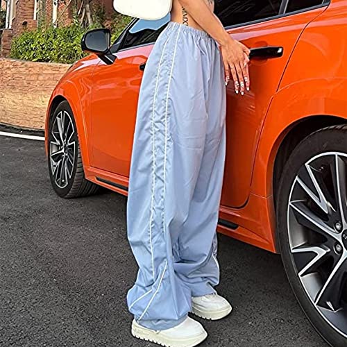 Xeyine Women's Y2K Baggy Wide Leg Parachute Pants Street Sports Style Cargo Workwear (Blue-L)