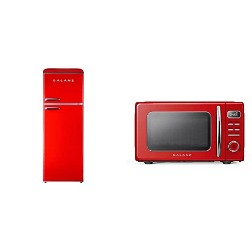 Galanz GLR12TRDEFR Refrigerator, Retro Red, 12.0 Cu Ft & Galanz GLCMKZ09RDR09 Retro Countertop Microwave Oven with Auto Cook & Reheat, Defrost, Quick Start Functions, 0.9 cu ft, Red